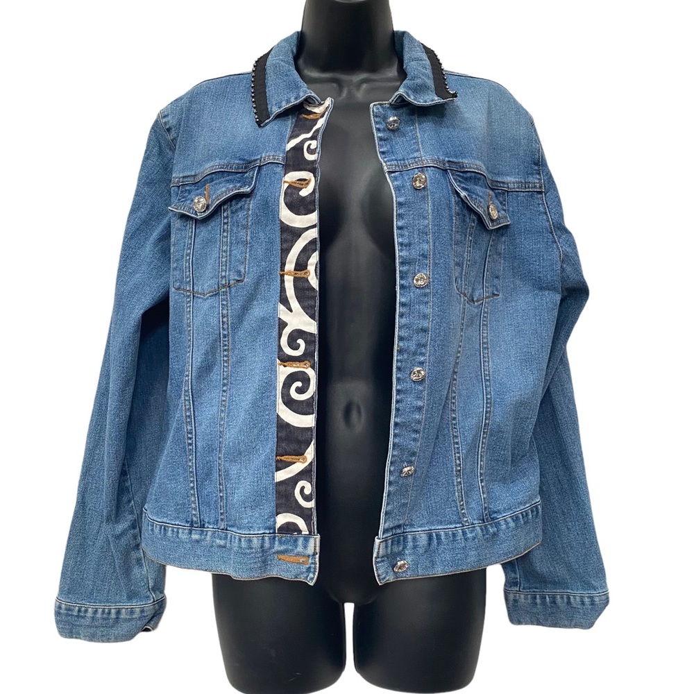 Blue Jean Denim Jacket Rhinestone Buttons Zebra Trim Funky Artsy L black white